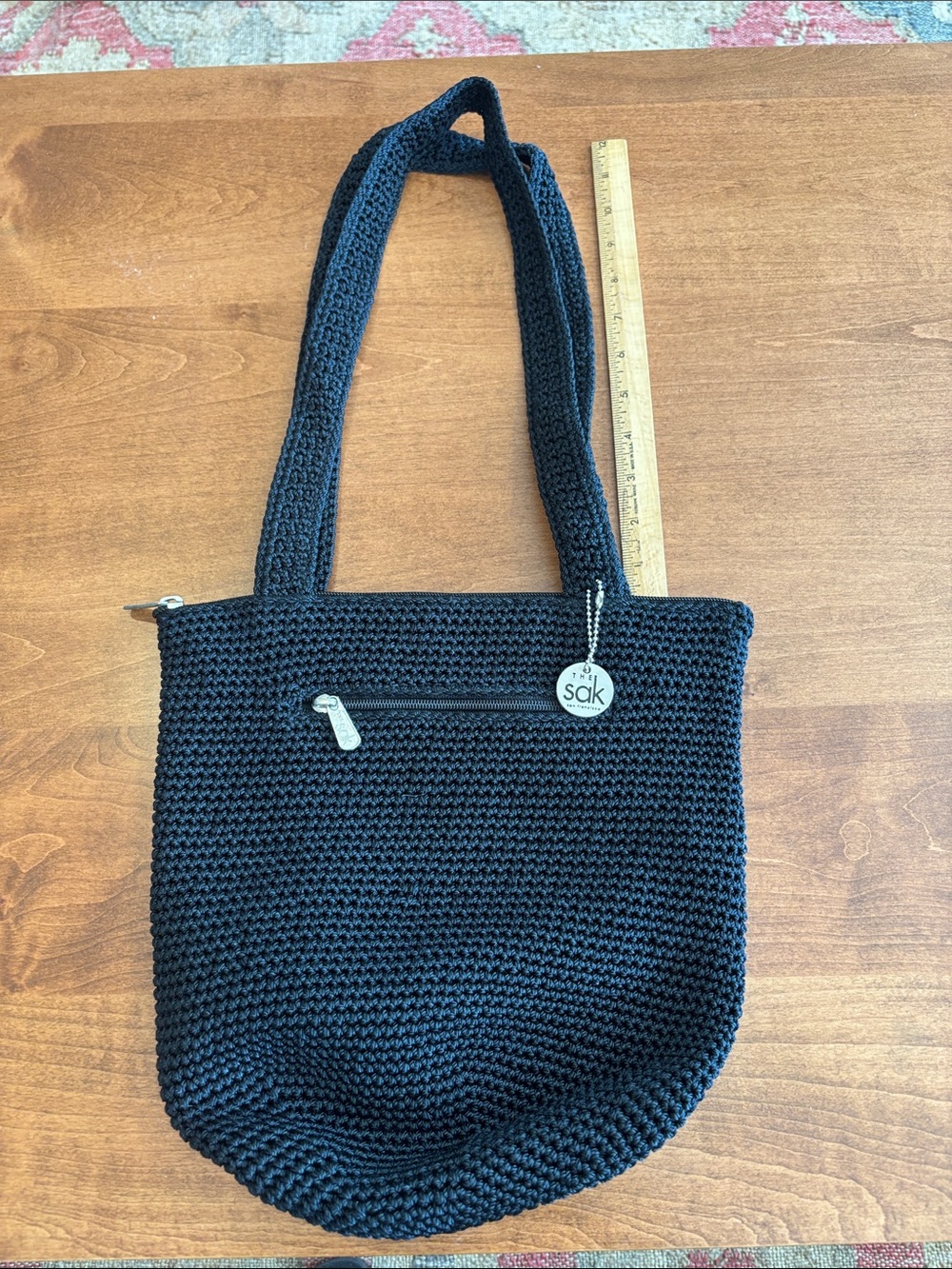 The Sak Black Crochet Shoulder Tote with Front Zip